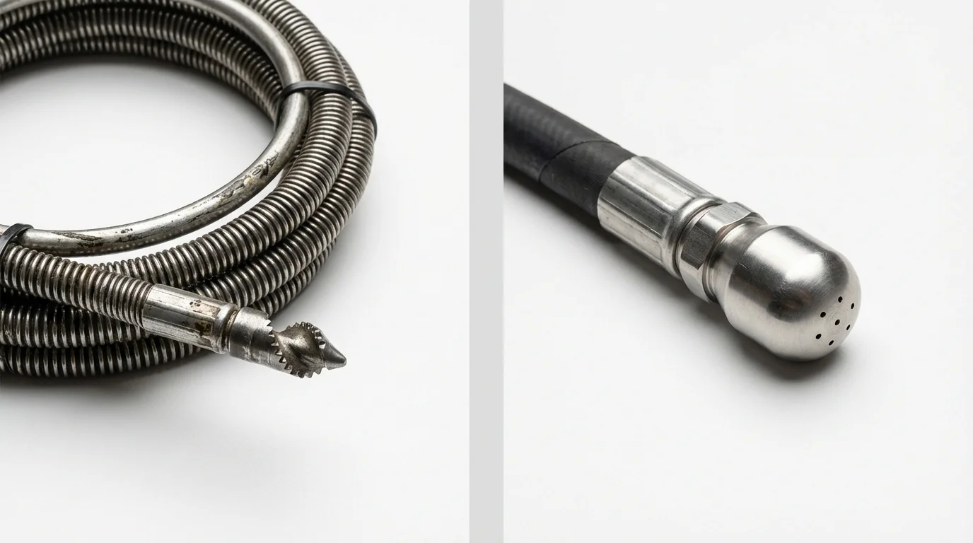 Drain snake cable and hydro jetting nozzle used for drain cleaning in Ogdensburg, NY