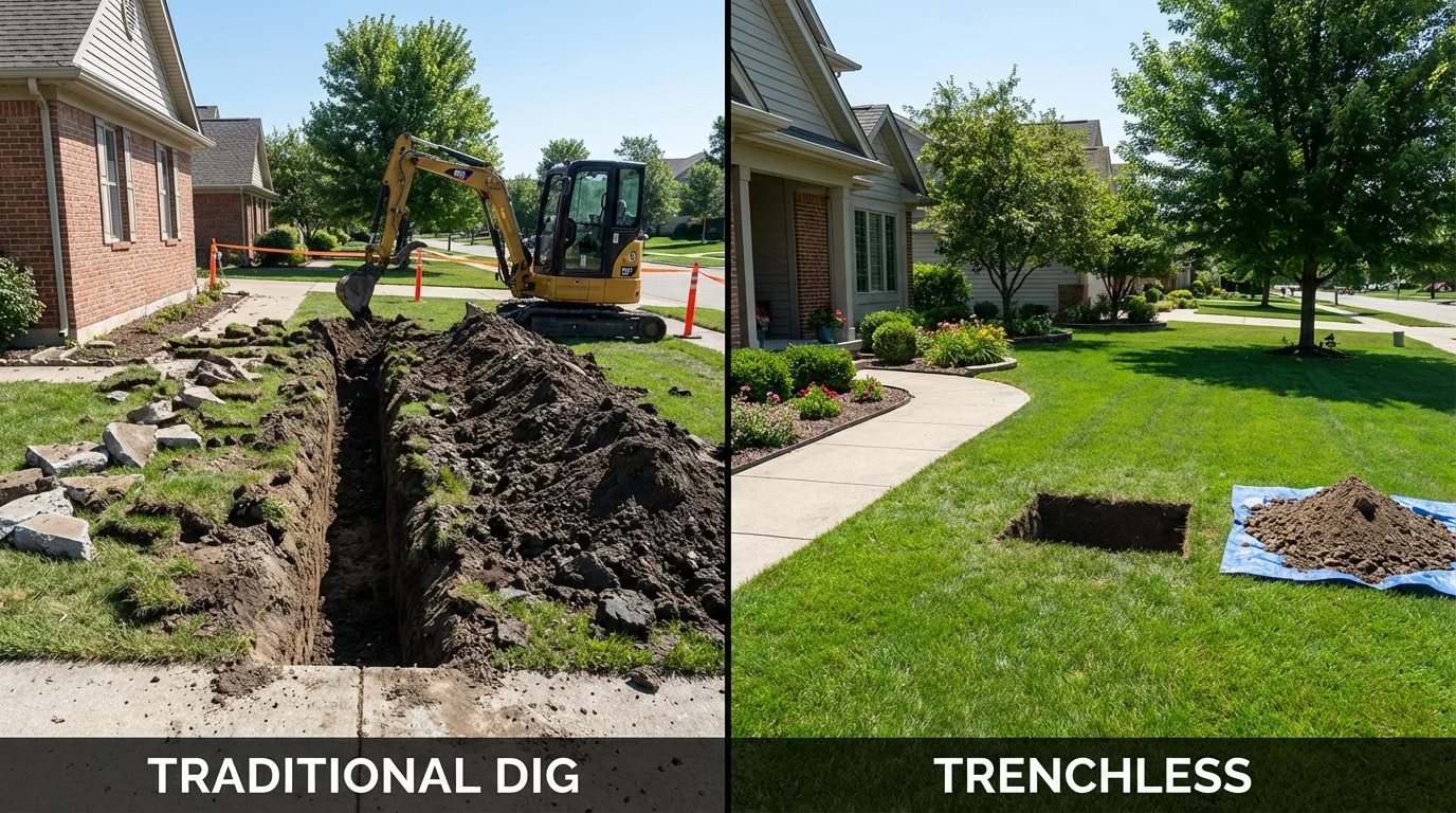 Trenchless sewer repair with minimal yard damage versus traditional excavation in Ogdensburg, NY