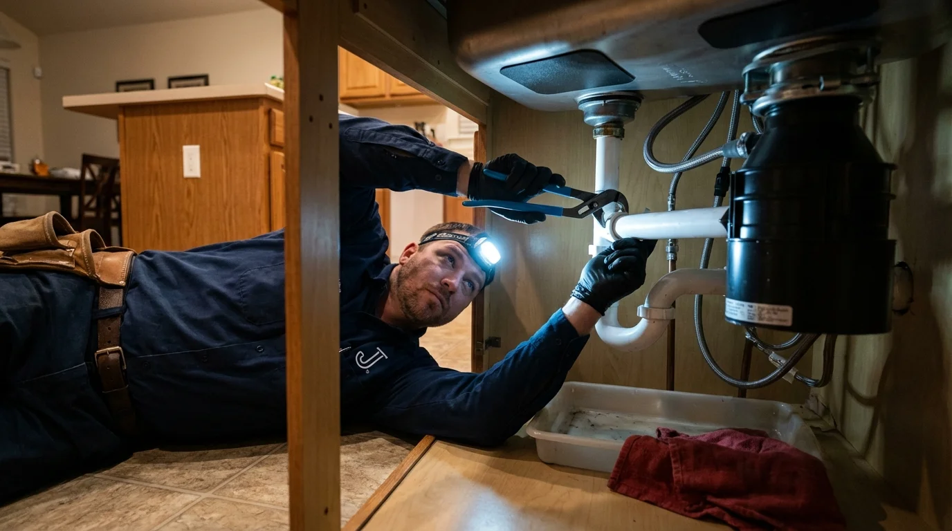 P-trap and supply line connections under a kitchen sink showing a common leak point in Ogdensburg, NY